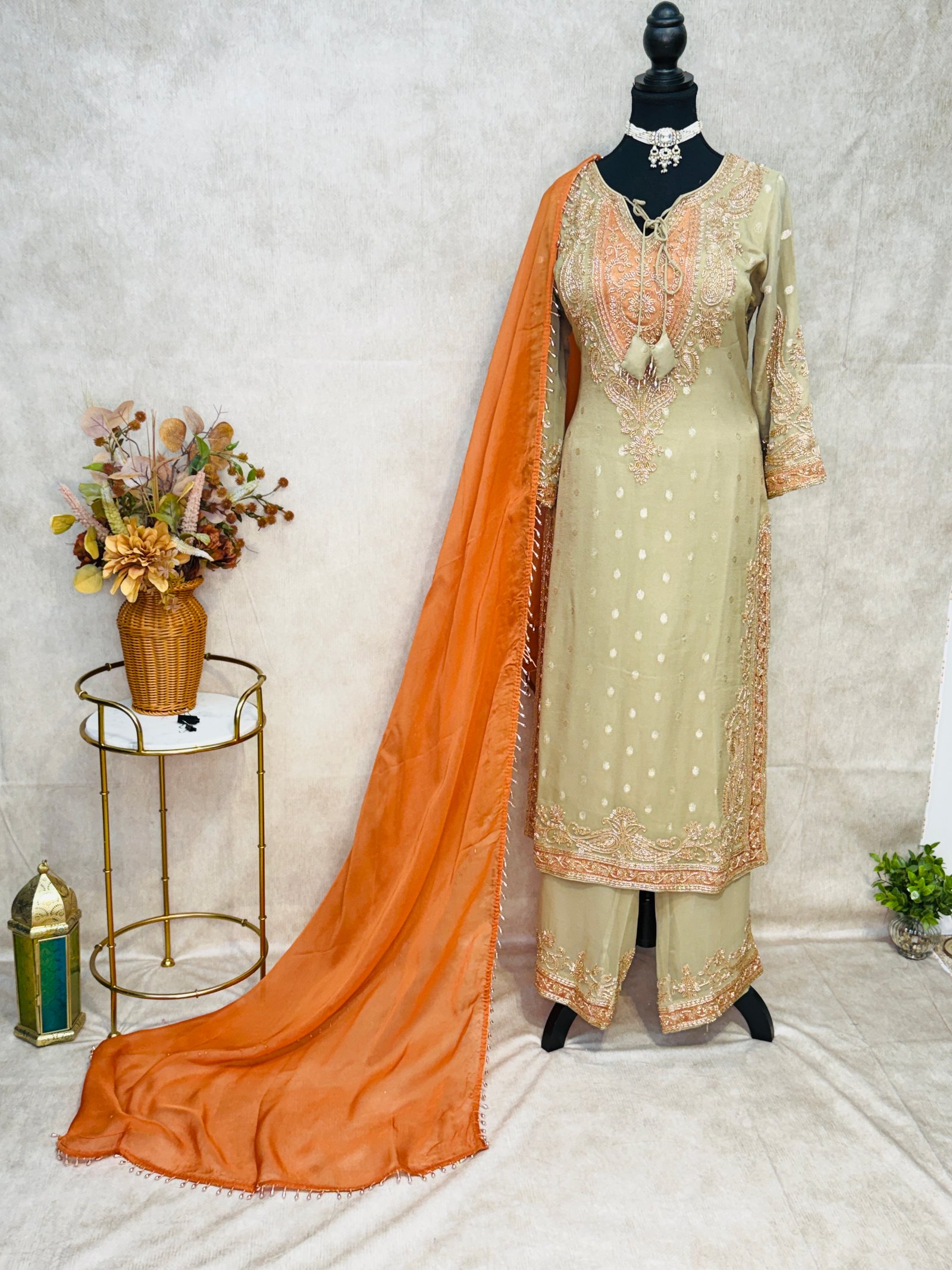 Pastel Pistachio Green & Orange Embroidered Suit Set